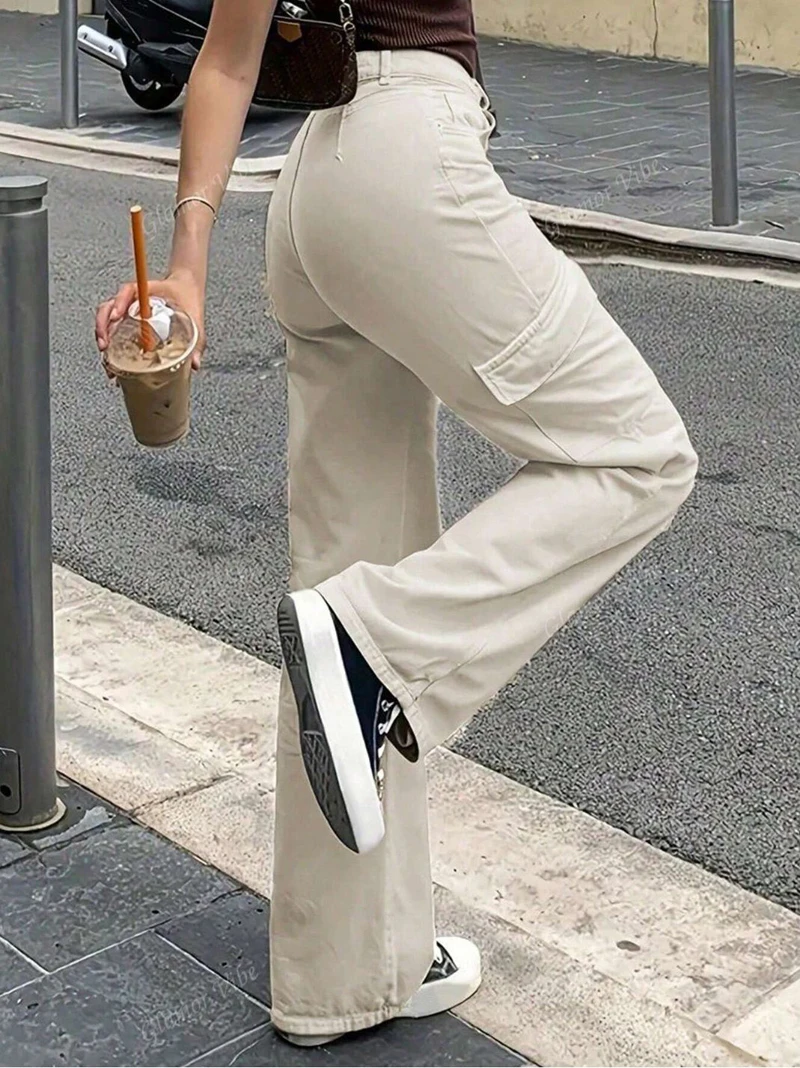 

Брюки-карго женские уличные всесезонные хлопковые высокие широкие зауженные узкие вертикальные V-Spicyd V-образные талии длинные ноги удлиняющие сексуальные