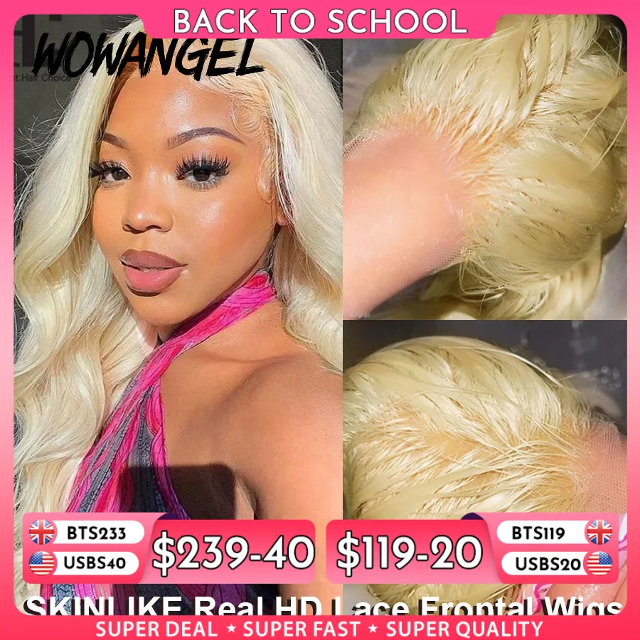 Wow Angel Echte HD-Spitze-Frontal-Perücke, 250 % 13 x 4 HD-Spitzenfront-Echthaar-Perücke, 613 blonde Körperwellen-Perücken, HD-Spitzenverschluss-Perücke, ohne Kleber