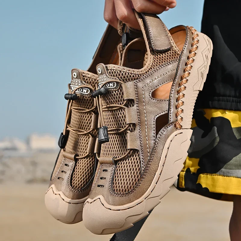 Summer Handmade Cowhide Leather Men Sandals Hiking Breathable Outdoor Casual Lightweight Beach Sandals Fashion Large Size 38-46