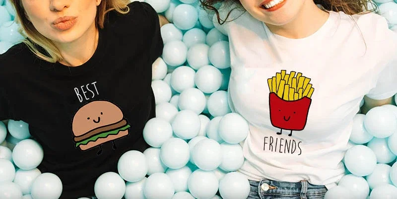 Best Friend Matching Cotton T-Shirt Funny Design BFF T Shirt Women Fast Food Tee Shirt for Femme Tops Hamburger and Fries Shirt