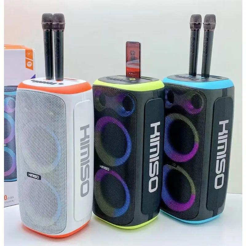 Pop KIMISO Мощный Bluetooth-динамик с тяжелыми басами и красочной подсветкой, двойной беспроводной микрофон, портативный ручной бумбокс для караоке Pop KIMISO Мощный Bluetooth-динамик с тяжелыми басами и красочной подсветкой, двойной беспроводной микрофон, портативный ручной бумбокс для караоке