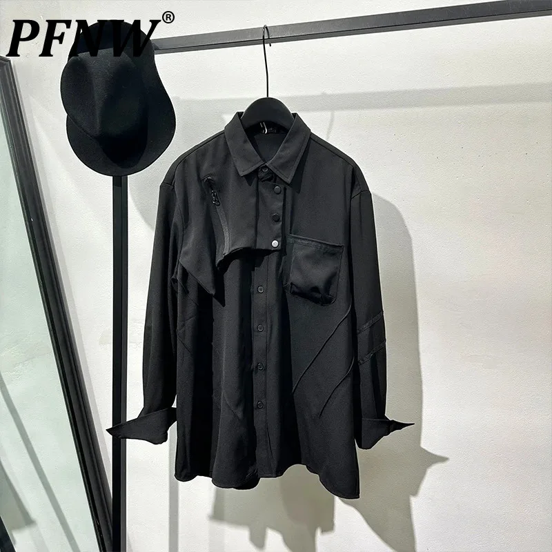 

PFNW Men's Irregular Splicing Shirts Long Sleeved Safari Style Zippers Single Breasted Chic Turn-down Collar Tops Summer 21Z4394