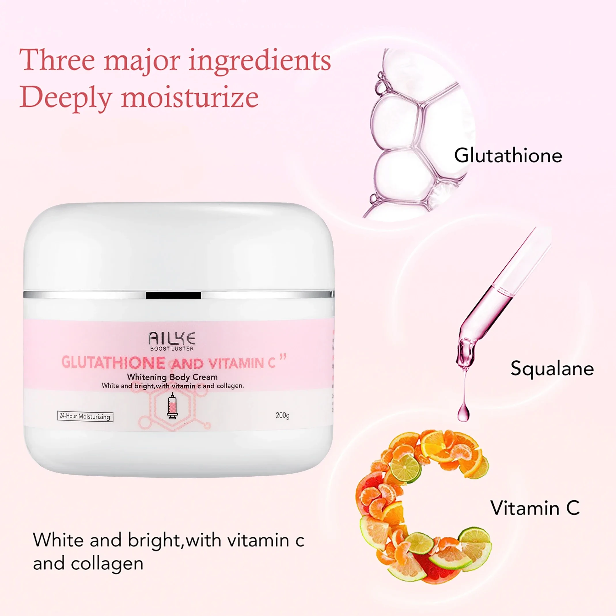 AILKE Glutathione and Vitamin C Whitening Body Cream For All Skin Types,  Moisturizing, Reduce Freckles, Dark Spots, 200 ml