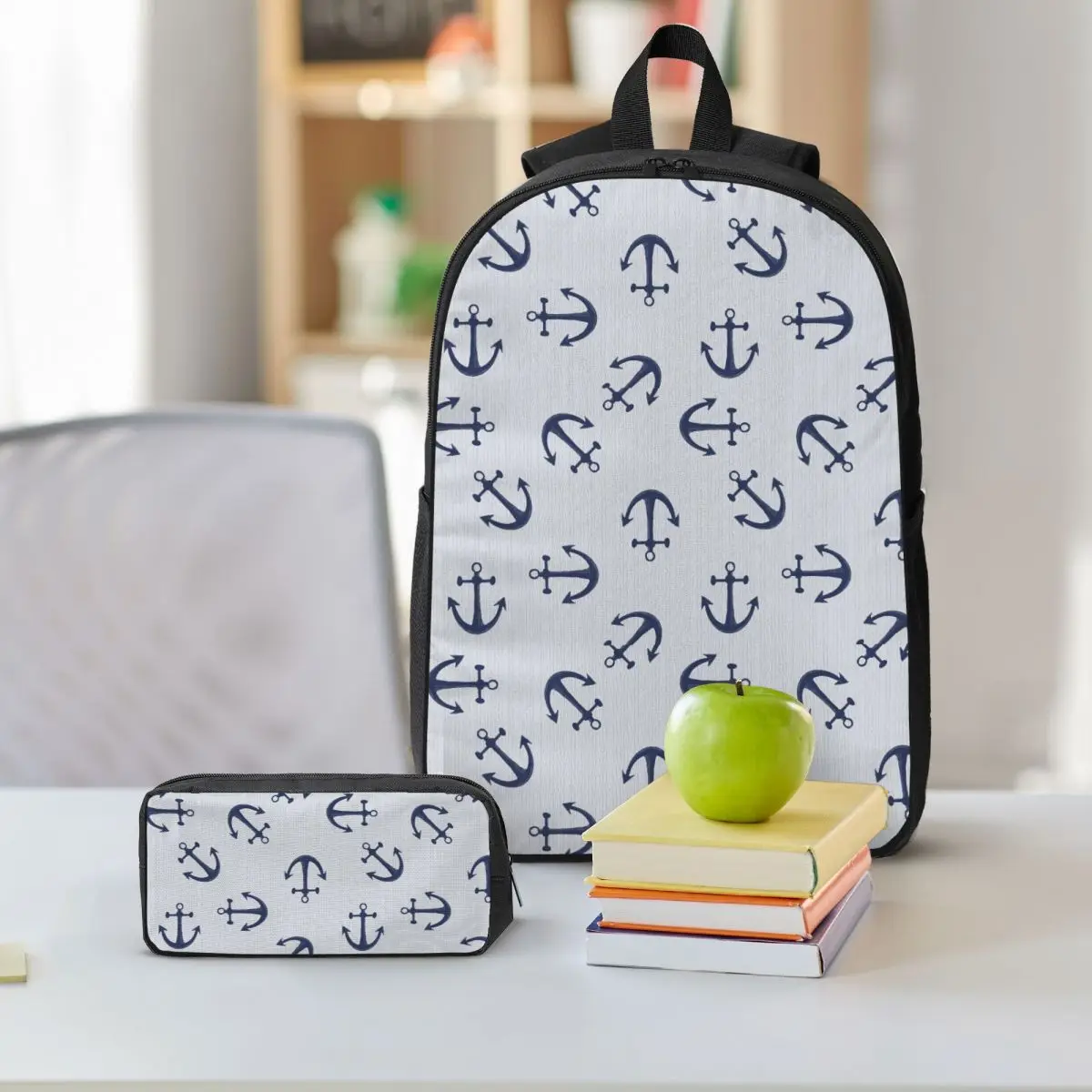 Maritime Pattern Of Blue Anchors On Light Gray Backpack BookBag School Bag Shoulder Bags 3ps Insulated Lunch Bag Pencil Case