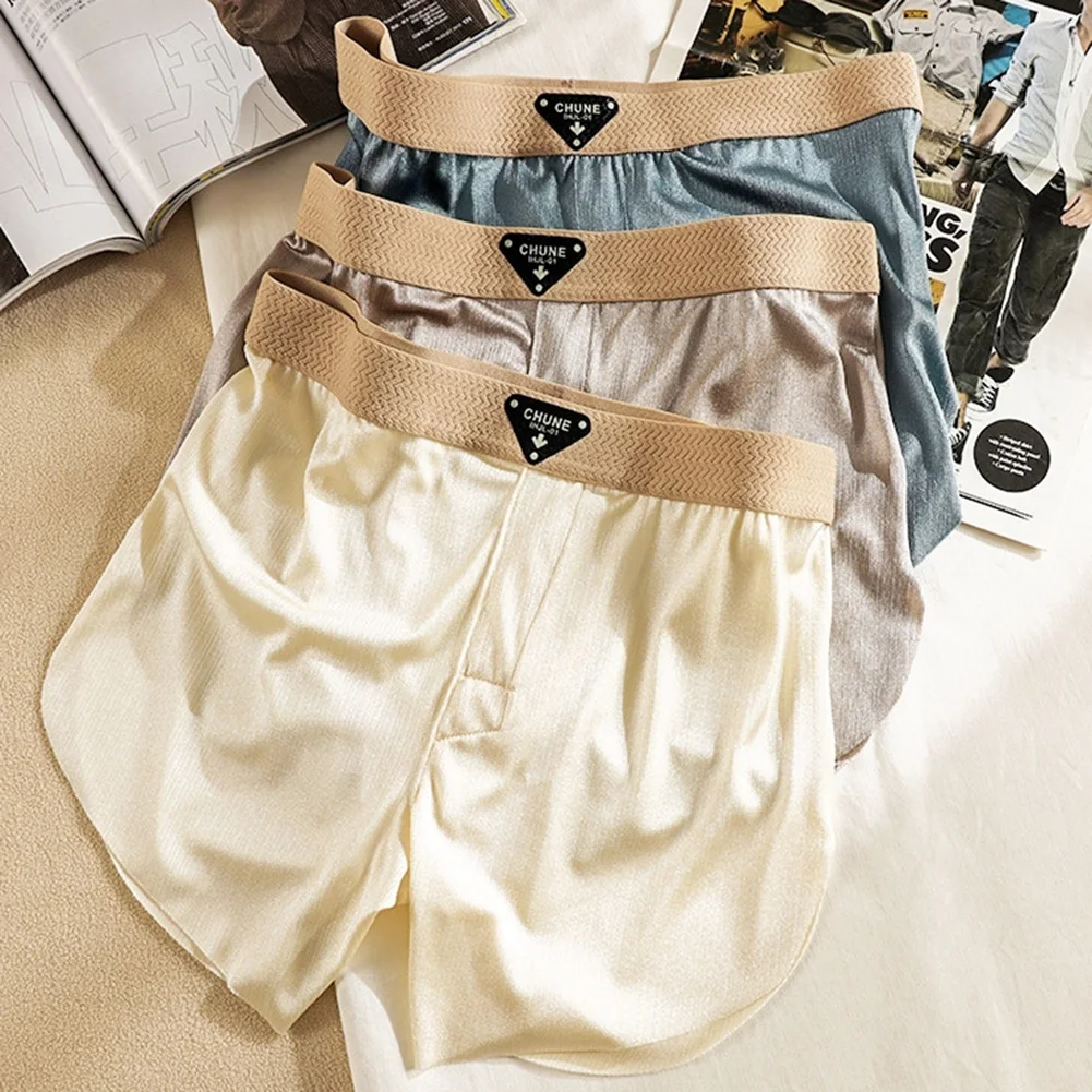 Comfortable Men's Boxer Shorts Underwear with Ice Silk Seamless Fabric and Flowing Gold Thread Loose Fit for Relaxed Home Use