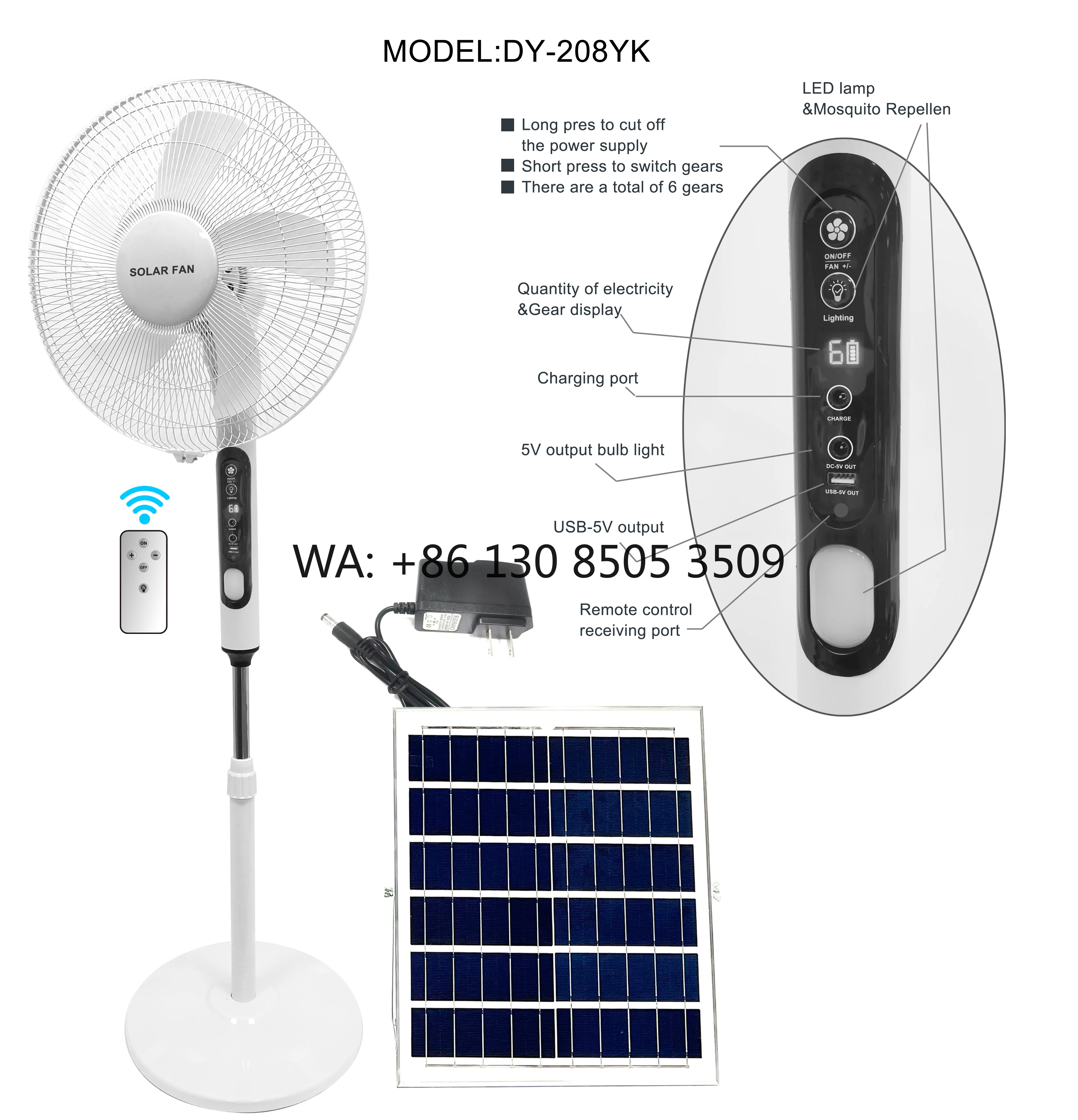 

16/18 Inches 5 Blade Rechargeable Solar Panel Stand Fan AC DC 12V Charging Lithium Battery High Wind Speed Outdoor 25W