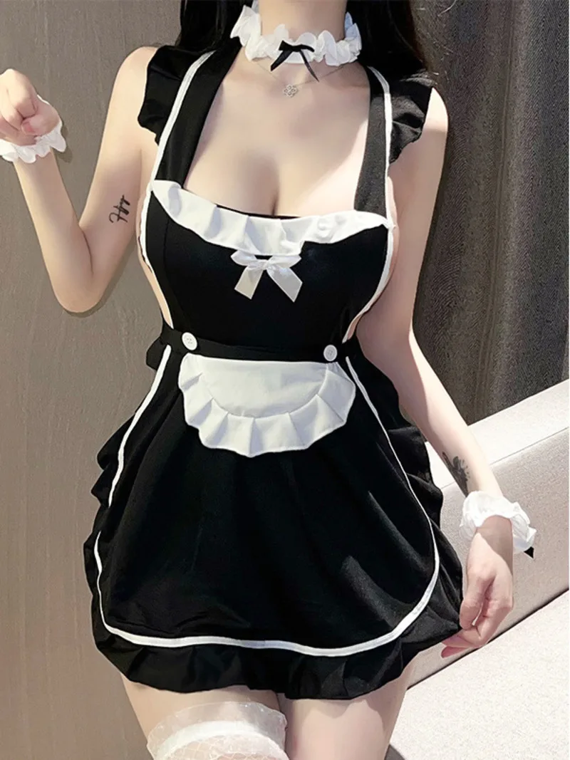 Square Collar Fashion Women Tops Sweet Korean 2023 New Sexy Cute Maid Dress Lace Up Uniform Dress Elegant Sexy Lace I8NC