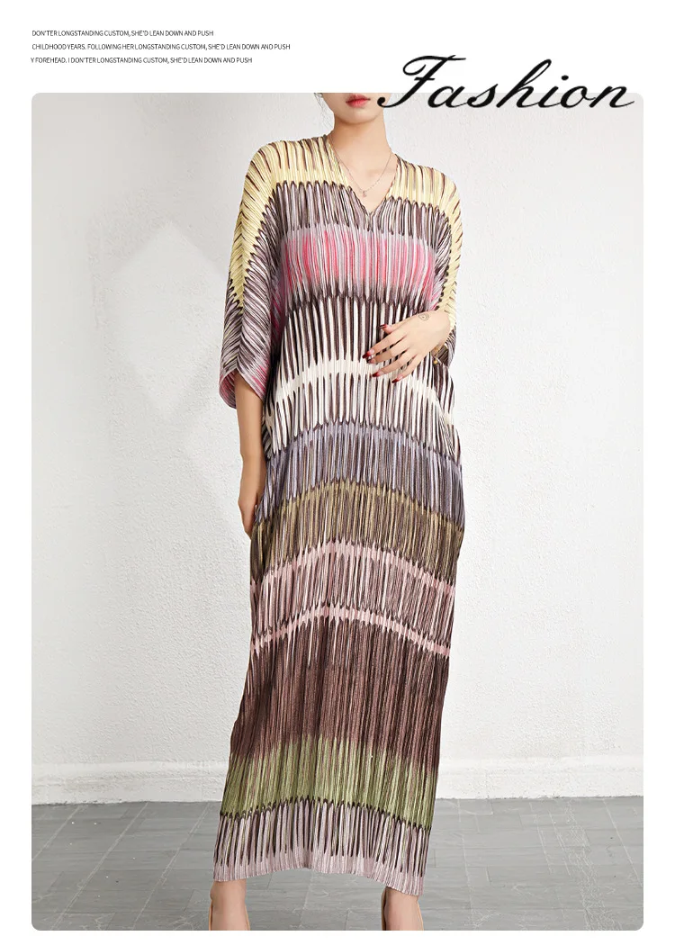 Miyake 2024 Herbst Neues Damen-Fledermausärmel-Langkleid, Locker Sitzend, Übergröße, Modisches Plissee-Maxikleid – Detail 11