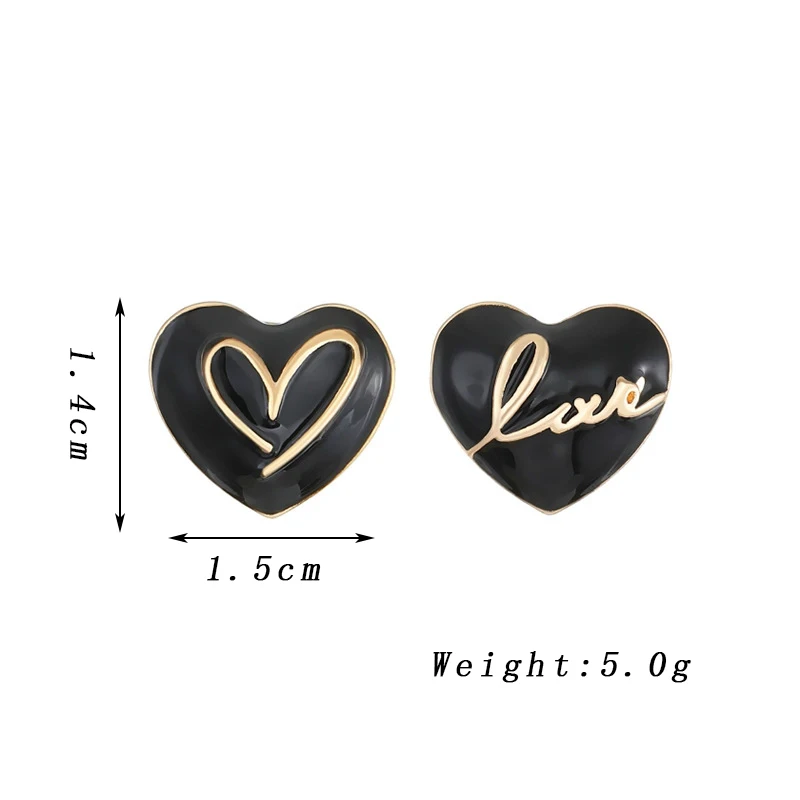 Cute Black Enamel Oil Heart Stud Earrings for Women Girls Asymmetric Letter Love Heart Shape Pattern Earrings Trendy Jewelry