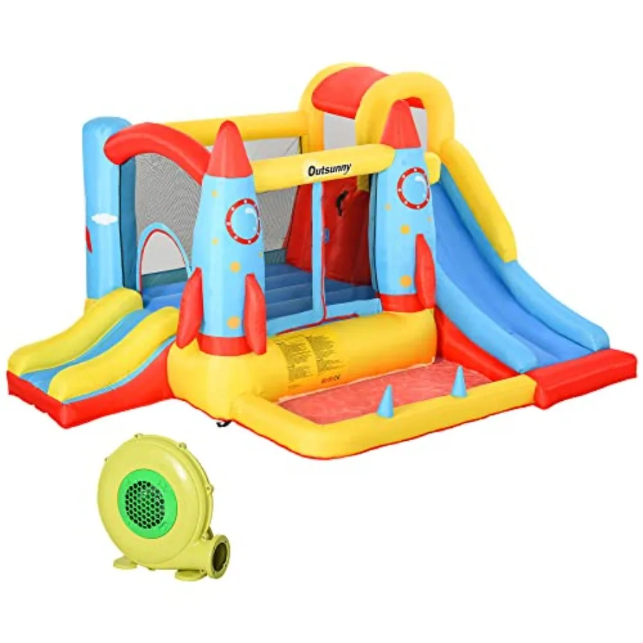 Casa de salto infantil, castelo de salto inflável com corrediça de água 4 em 1 com 2 slides, parede de escalada, trampolim e piscina de água A