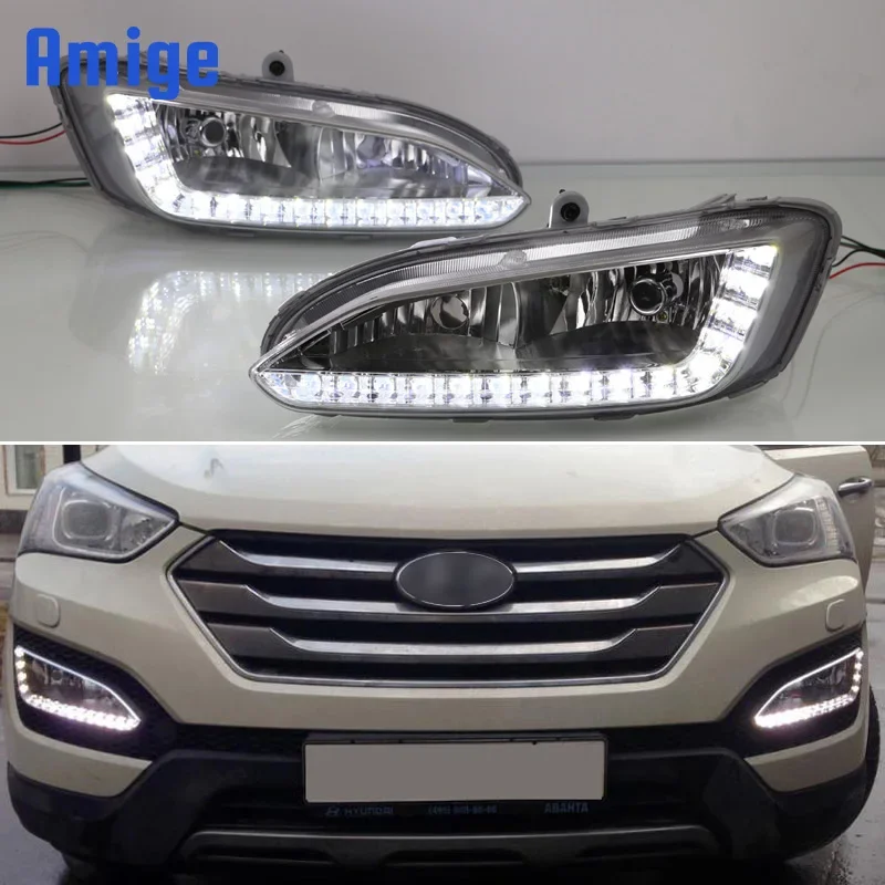 Lampu berjalan siang hari LED, Hyundai Santa Fe IX45 2013-2015 Plug & Play tahan air 12V lampu kabut lampu dekorasi Bumper LED DRL