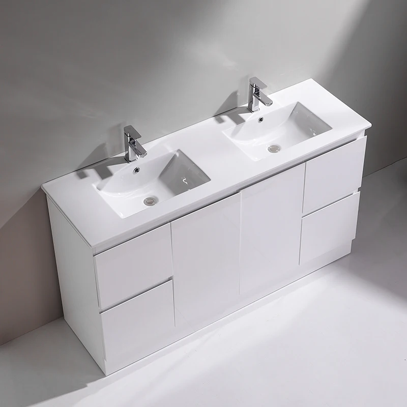 

Modern Ceramic Cabinet Double Sink Floor Stand White PVC Plywood Bathroom Vanities With Drawerspromote sales