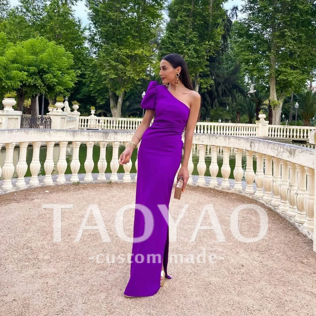 

One Shoulder Short Sleeve Purple Evening Dresses With Slit Mermaid Satin Floor Length Customized Prom Gowns for Women