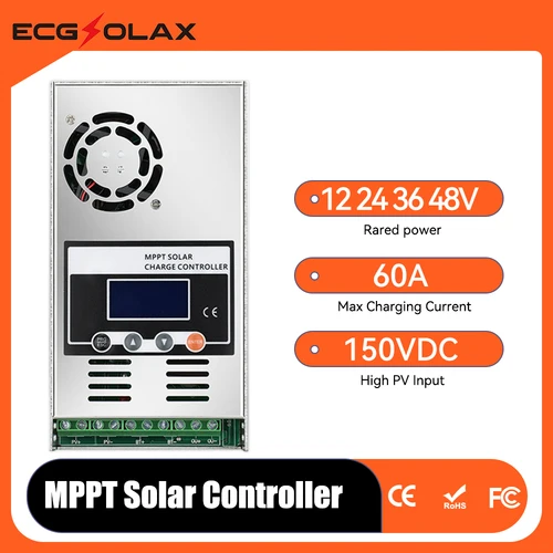 ECGSOLAX MPPT 60A Controlador de carga solar 12V 24V 48V Auto con conector solar Regulador solar LCD apto para batería de plomo ácido