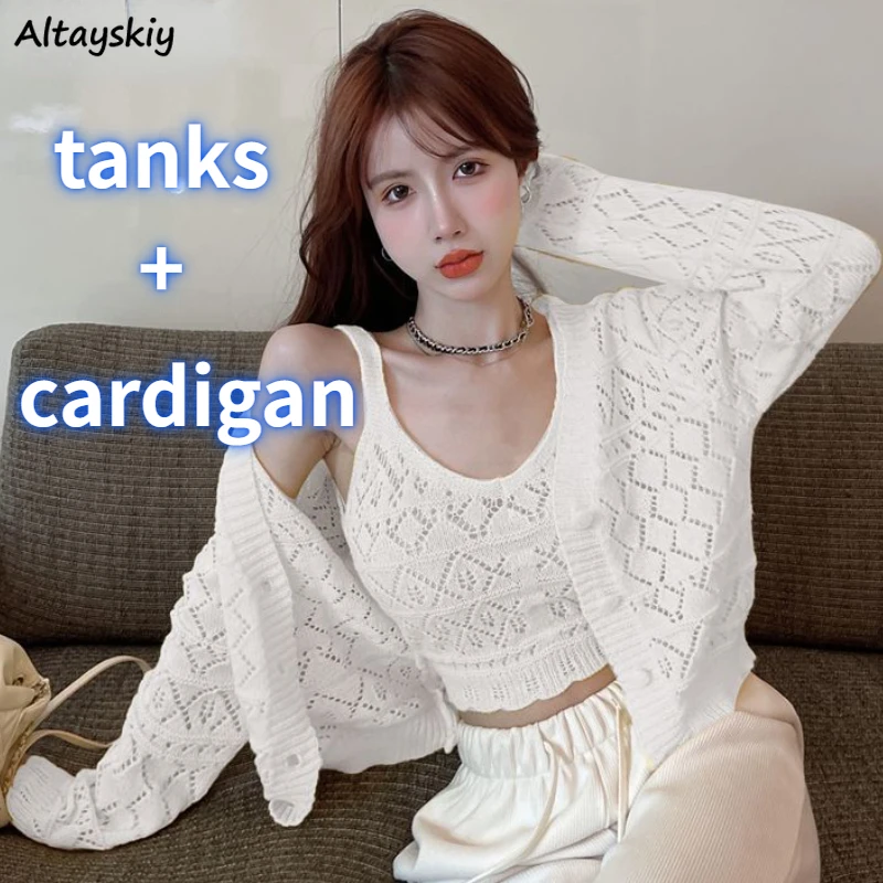 

Two Piece Sets Womens Outifits Crop Tops Tanks Hollow Out Cardigan Knitted Simple Girlish Streetwear Casual Sweet Mujer Autumn