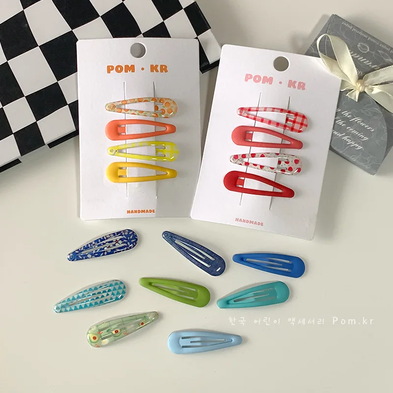 

4pcs Korean Plaid Printed BB Clips Denim Floral Water Drop Clips for Girls Colorful Bangs Clips Broken Hair Styling Accessories