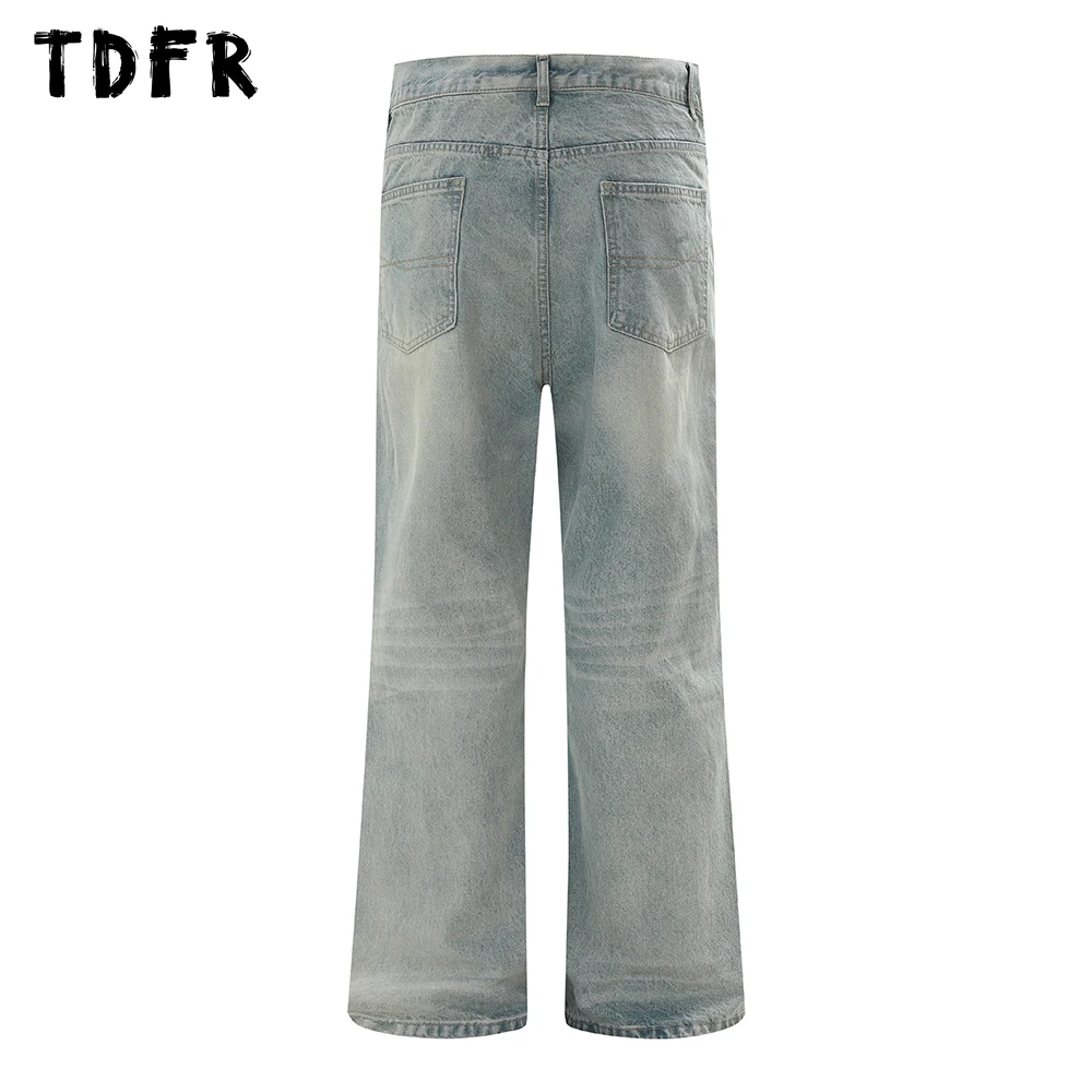 Spliced Washed Distressed Jeans Mens Spring Retro Streetwear Loose Straight Denim Flare Pants Men