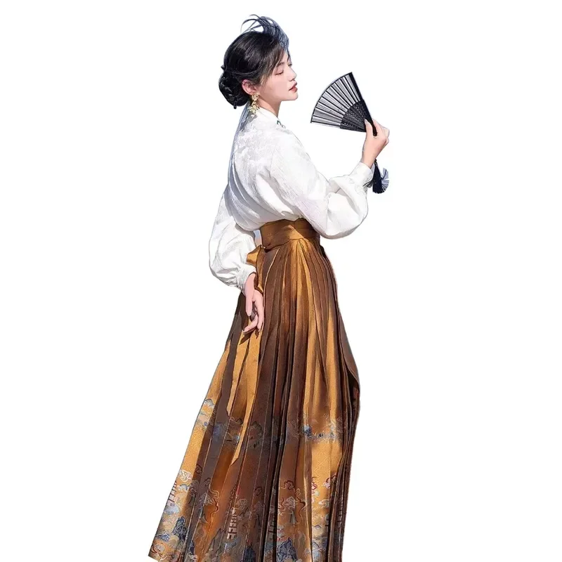 Retro Improved Ancient Ma Mian Skirt Loose Shirt Long Skirt Chinese Traditional Style Two Pieces Set for Women Daily Hanfu Dress