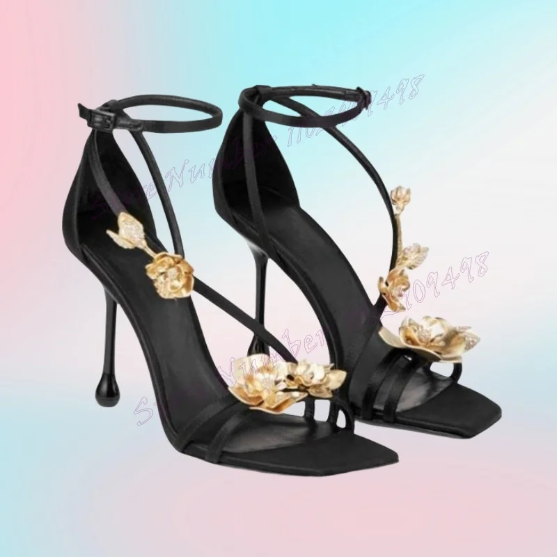 

Black Flower Decor Square Toe Sandals Ankle Strap Shoes for Women Stilettos High Heels Evening Shoes 2024 Zapatos Para Mujere