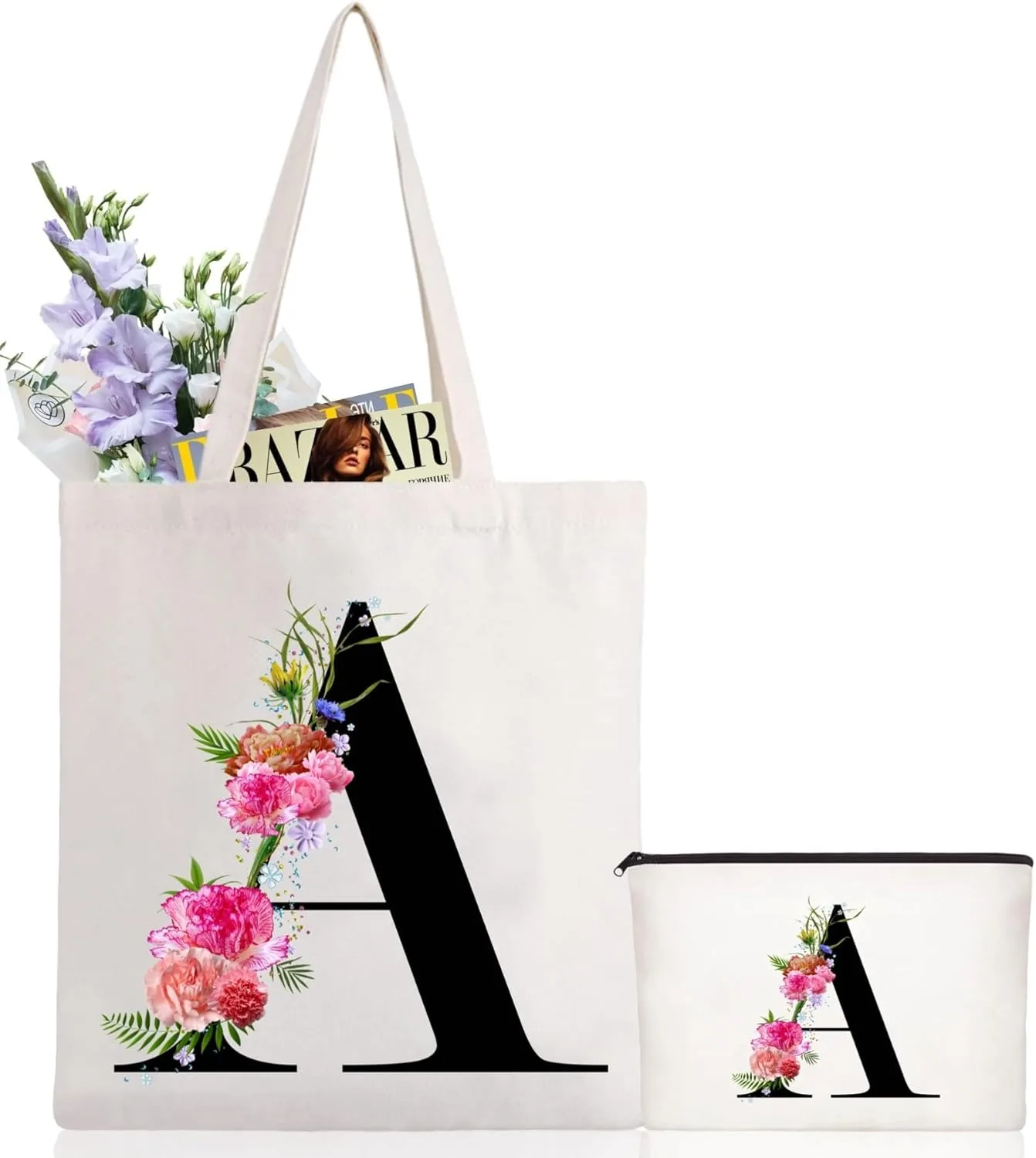 

Floral Alphabet Canvas Tote Bag Retro Harajuku Shoulder Bag for Women & Men Reusable Letter Print Shopping Bag