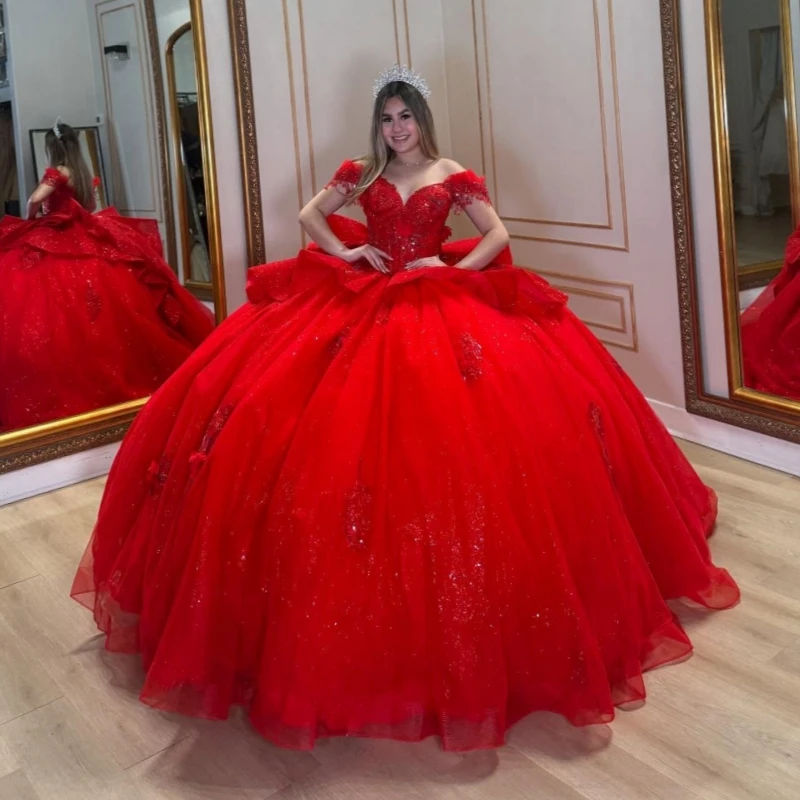 

Red Shiny Princess Off the Shoulder Sweet 16 Dress Quinceanera Dresses Applique Lace Beads Tull Party Birthday Vestidos 15 Anos