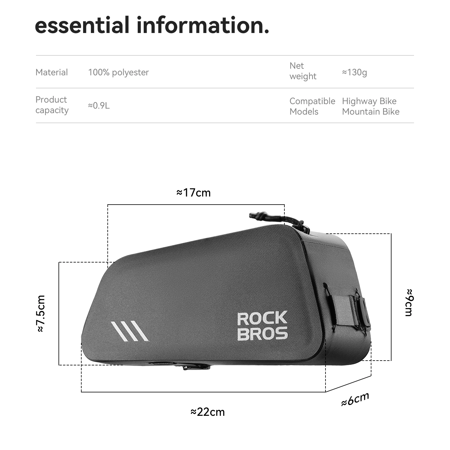 ROCKBROS Vollständig Wasserdichte Oberrohr-Tasche 0,9L Fassungsvermögen MTB Rennrad-Rahmentasche Versiegelte Reißverschluss-Rahmentasche mit Stabilem Befestigungszubehör – Detail 3