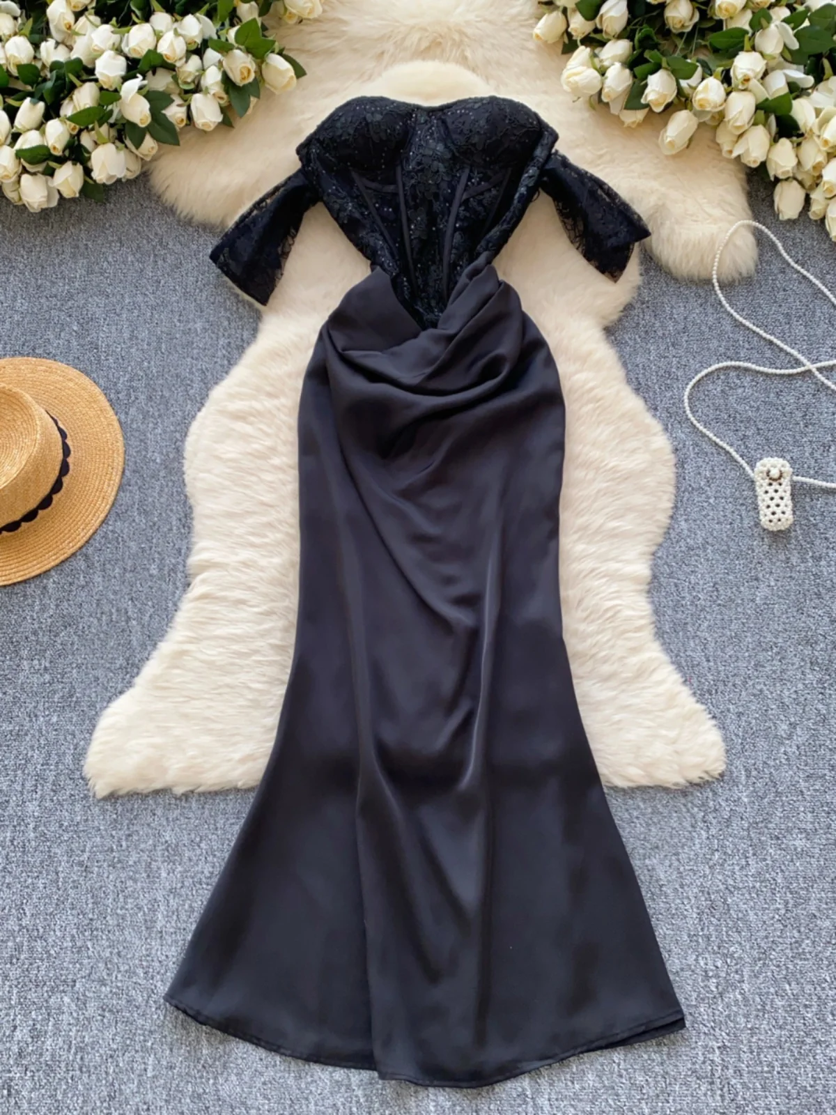 กระโปรงยาวทรงเข้ารูปเอวสูงสไตล์เกาหลี ผ้าซาตินเนื้อนุ่ม ดีไซน์เก๋ไก๋ แบรนด์ Ele High-End รุ่น One-oulder Dr สำหรับผู้หญิง