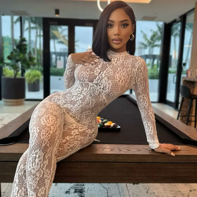 Sexy See Through Lace Jumpsuit Women Night Club Outfit Skinny Slim Backless Long Sleeve Rompers One Pieces Overalls Monos Largos