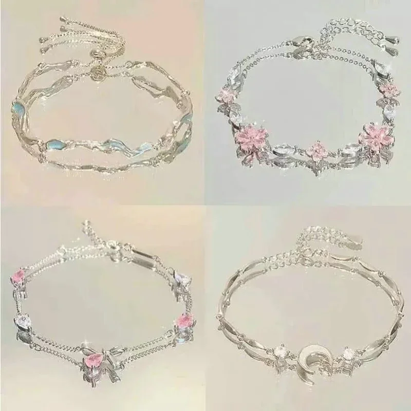 Elegant Fairy Pink Crystal Zircon Sakura Flowers Bracelet for Women Y2K Sweet Girls Cherry Blossom Moon Bow Knot Jewelry Gifts