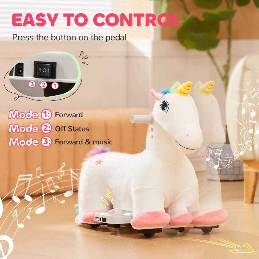 Qaba 6V Ride on Unicorn Battery Powered Electric Ride on Animal Toy with Music Forward PU Wheels Foot Pedal for Girls Boys Aged