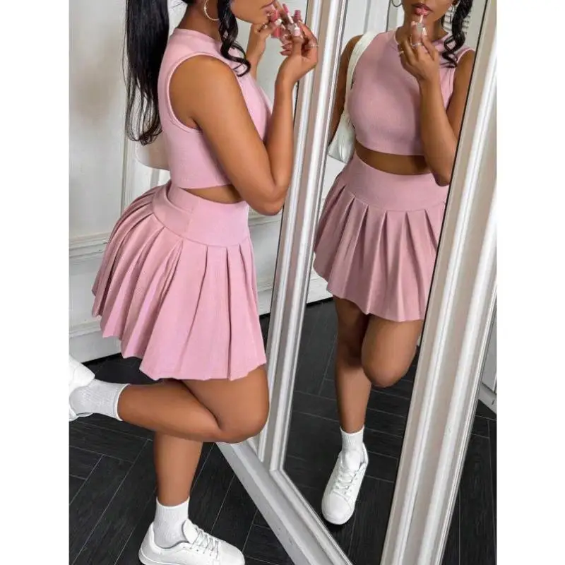 

New Arrival ort round Ne Pure Color Vest with Pleats Casual Sport Suit Men's Seven Sve Autumn Season Cross Border