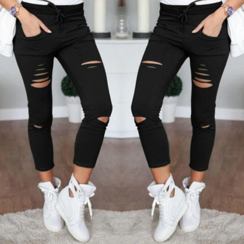 Hole Denim Trouser For Women Elastic High Waisted Pencil Jeans Skinny Ripped Denim Trouser Buttocks Ripped Jeans Japanese