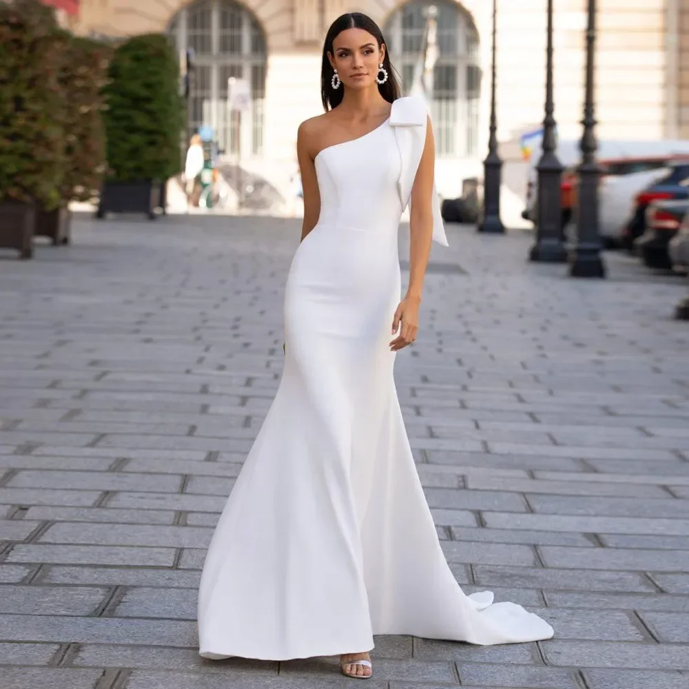Vestidos Satin Mermaid Wedding Dresses Sexy One Shoulder Sleeveless Bridal Gown White/Ivory Beach Wedding Party Gown with Bow