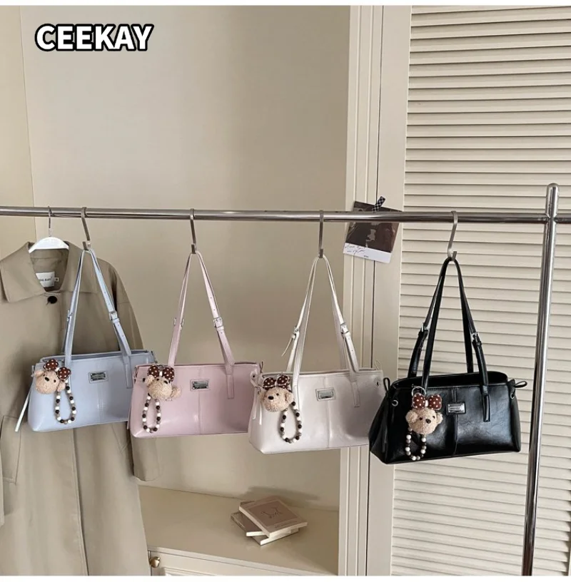 CEEKAY Women's Shoulder Bag Light Pink Soft PU Leather Long Baguette Handbag Bear Bead Chain Pendant Daily Casual Sweet Style