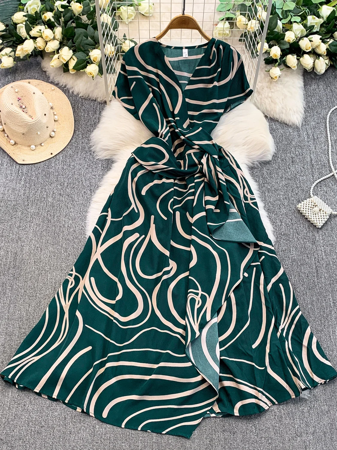 تنورة Ele Stripe Print V-Ne Dr للسيدات بتصميم حزام الخصر غير متماثلة طويلة Dr Commute Sle ort Sve على شكل حرف a