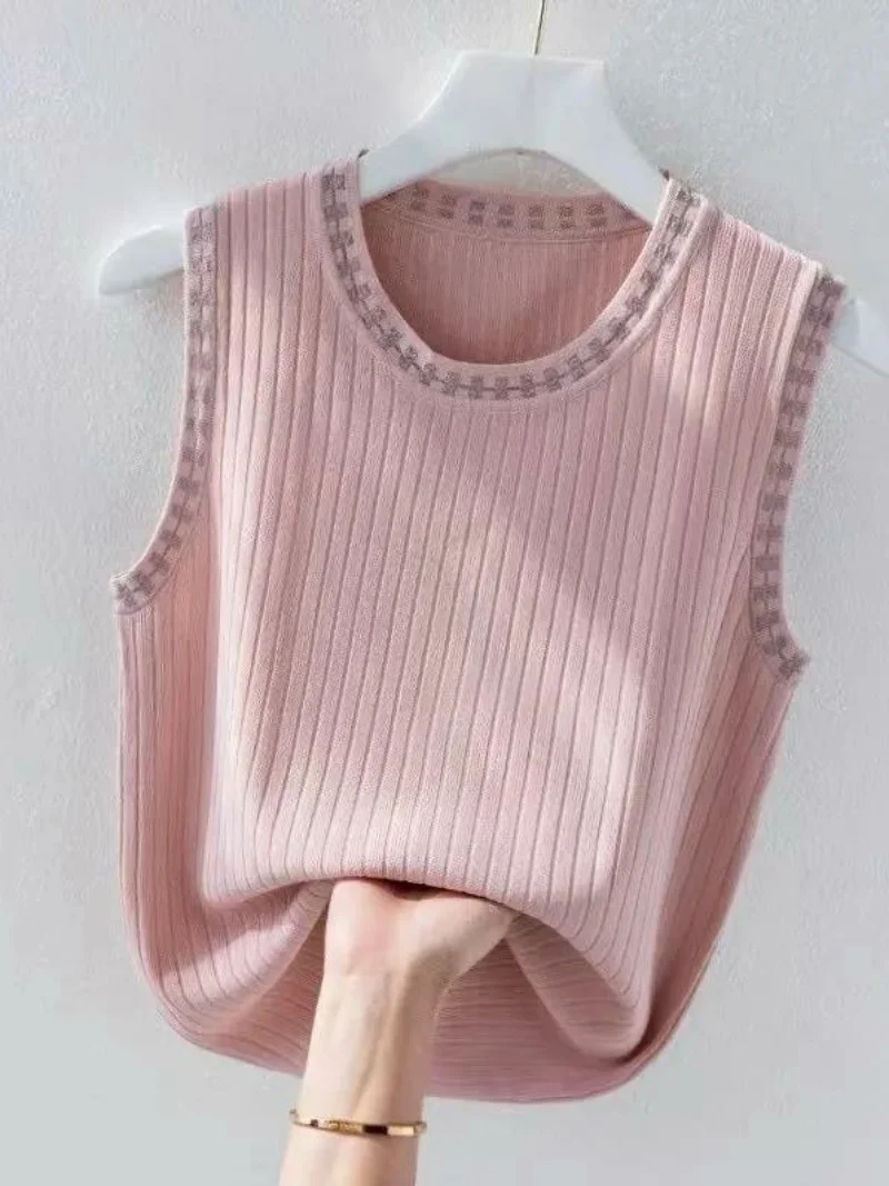 Top Elegante da Donna in Seta Ghiaccio con Spalline, Taglia Grande, Copri Pancia, Maglia Luminosa, Top Sottile Lavorato a Maglia, Bellissimo