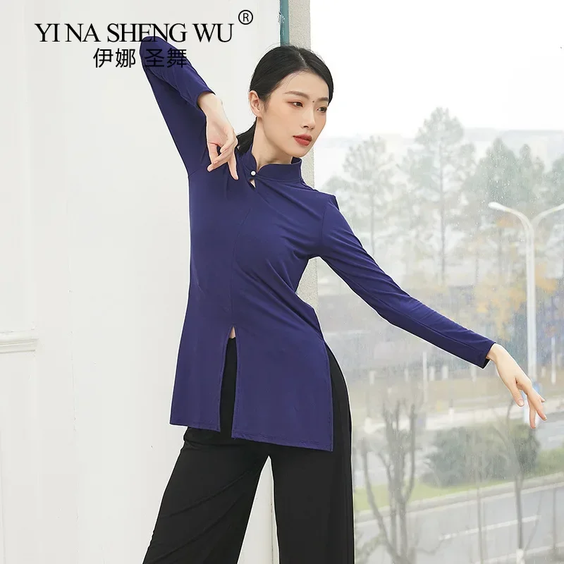 女性エレガントトップ伝統的な中国袍ドレス長袖スタンドカラーパフォーマンス衣装女性大人のダンス練習衣装