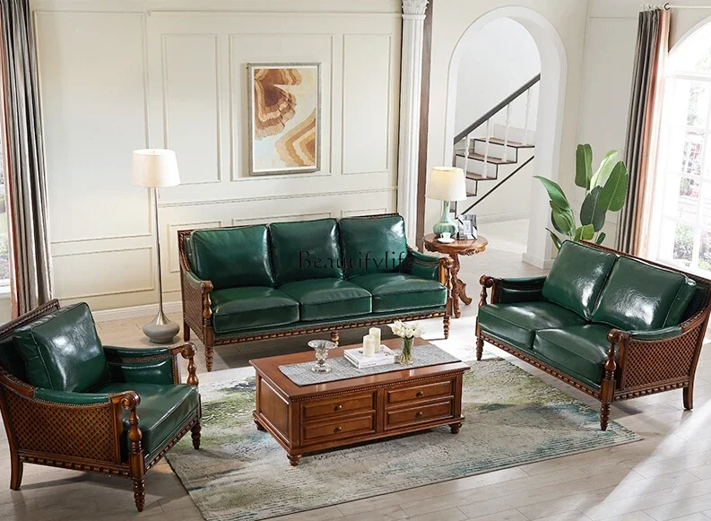 

American Simple Pure Solid Wood Sofa Genuine Leather One Two Three-Seat Green Leather Sofa