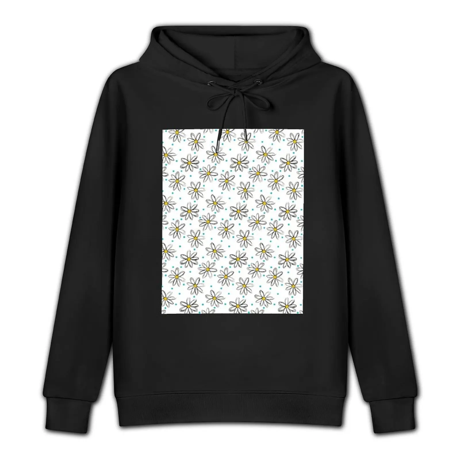 Daisies with Blue Dots Pattern on White Pullover Hoodie korean style clothes men hoodie