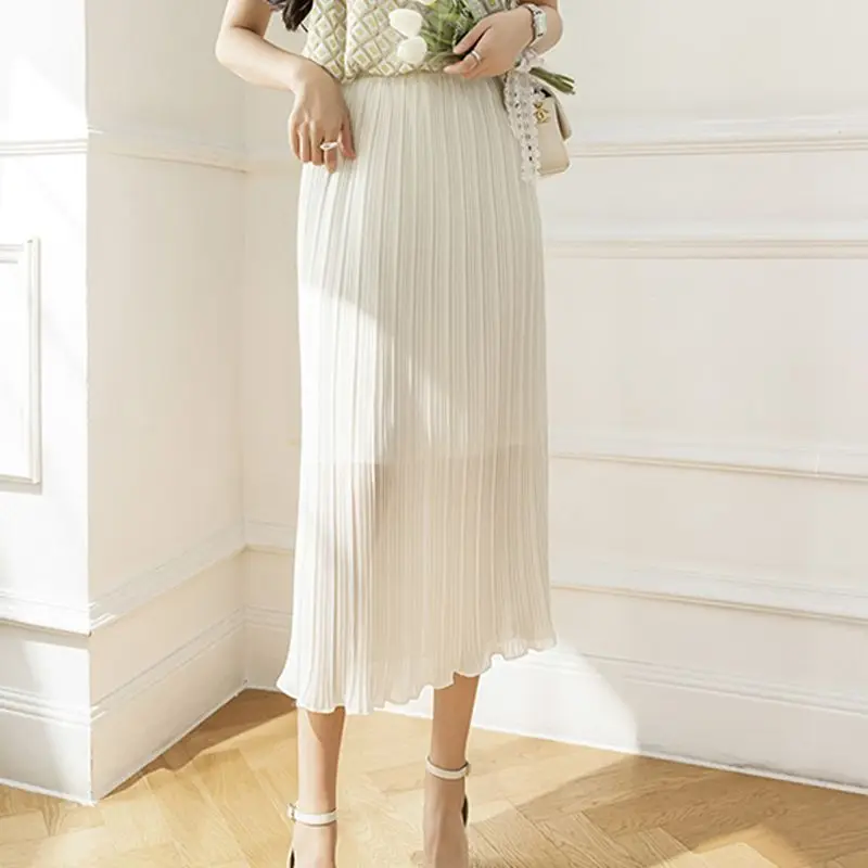 Elegant Elastic Solid Color Pleated A-Line Skirts Women's Clothing 2025 Summer New Loose Office Lady High Waist Skirts