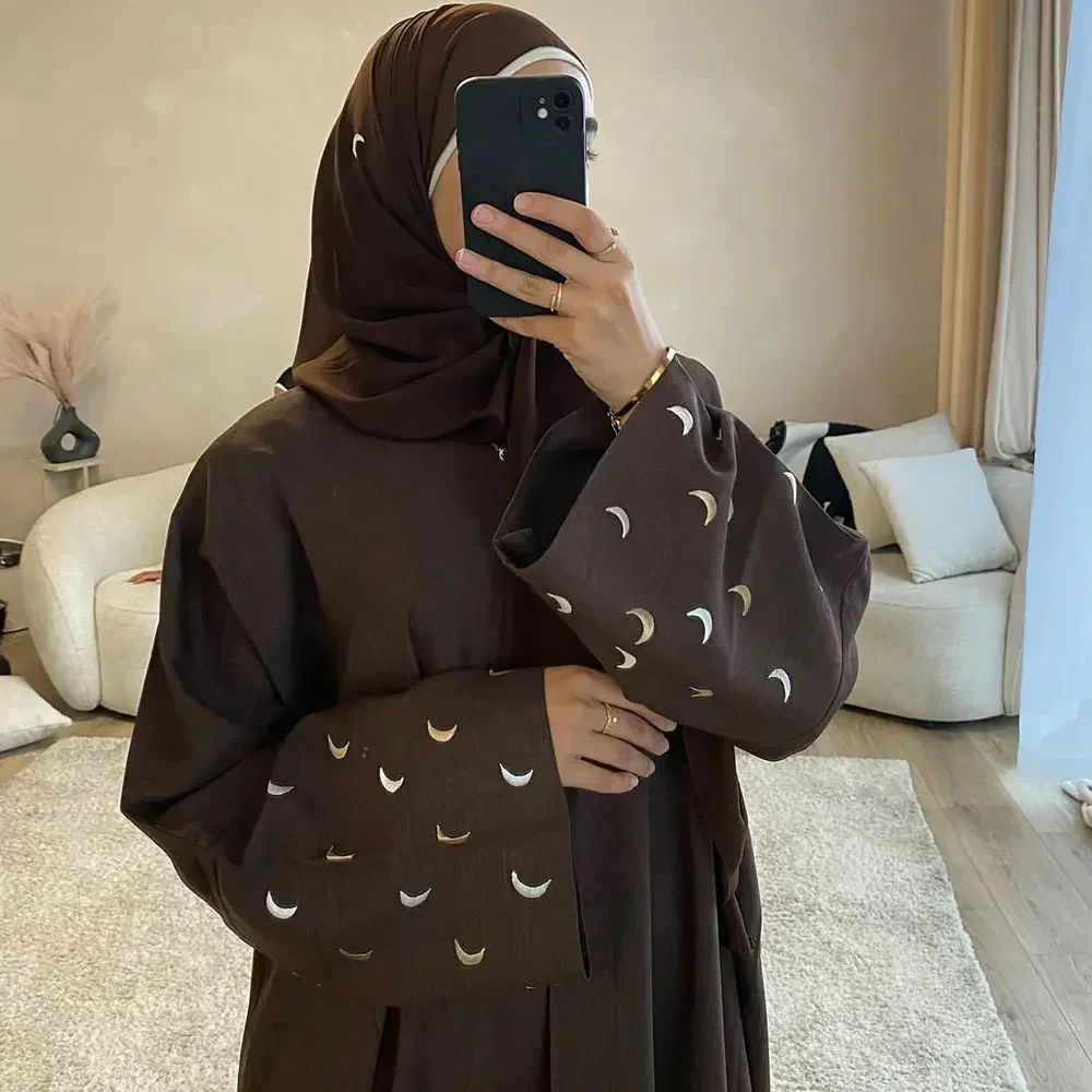 Lniane Abaya Kimono z haftem otwarte Abayas dla kobiet dubajski luksusowy Islam indyk muzułmański hidżabi strój Ramadan Eid sukienka Kaftan