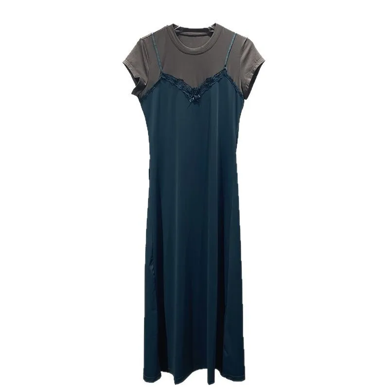 NOVEDAD DE VERANO 2025, retales de encaje, camiseta con cintura receptora, falda falsa, dos vestidos informales de manga corta