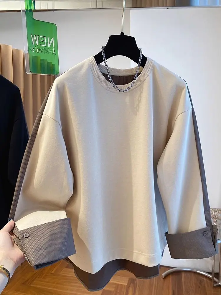 

Niche Long-sleeved T-shirt for Women Spring Clothes New Style Splicing Fake Two-piece Thin Sweatshirt Top Trendy