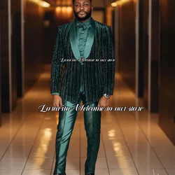 Luxurious Customized Shiny Green Men Suits Shawl Lapel Groom Wedding Tuxedos 2 Pieces Sets Male Prom Blazers homme pour mariage