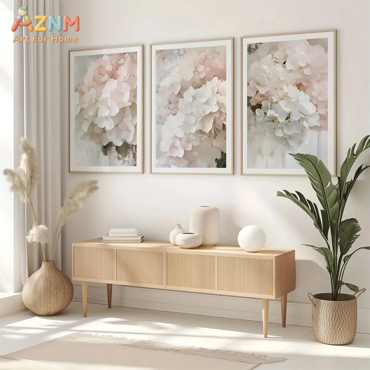 3PCS Blush Pink Hydrangea Watercolor Canvas Prints Set Soft Floral Wall Art Posters for Living Room Bedroom Neutral Minimalist H