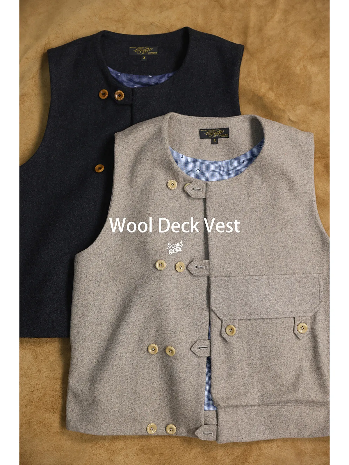 Secondorder SS26 Wool Deck Vest Vintage Collarless Woolen Double Breasted Pocket Waistcoat