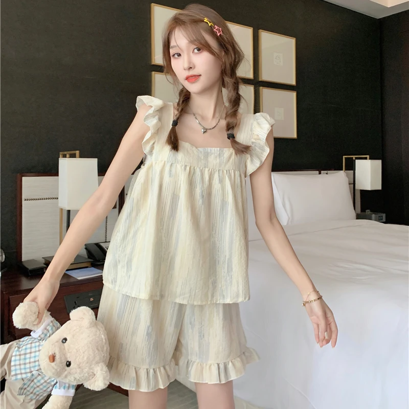 

Line Print Summer Pajamas Set Square Collar Ruffles Sleeveless Camis Tops + Shorts Casual Loose Sleepwear Home Suit Sweet Kawaii