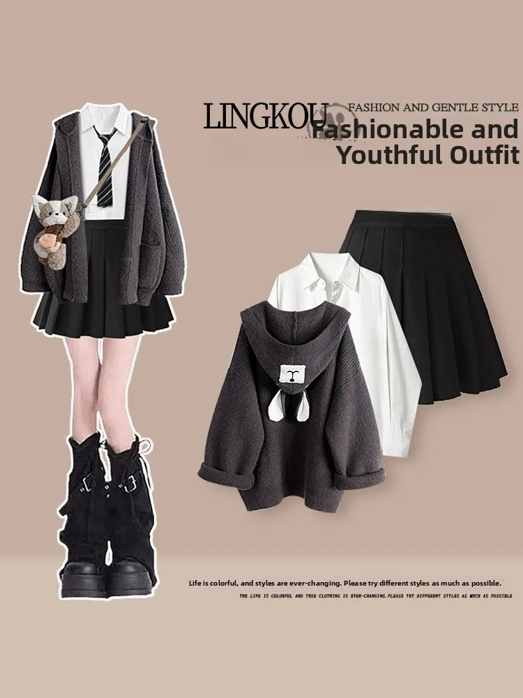 

Large Size Autumn Preppy Sle Knitted Set Women's Anti-Aging Slimming Cardigan with Pleated Skirt Tee-Piece Ensemble