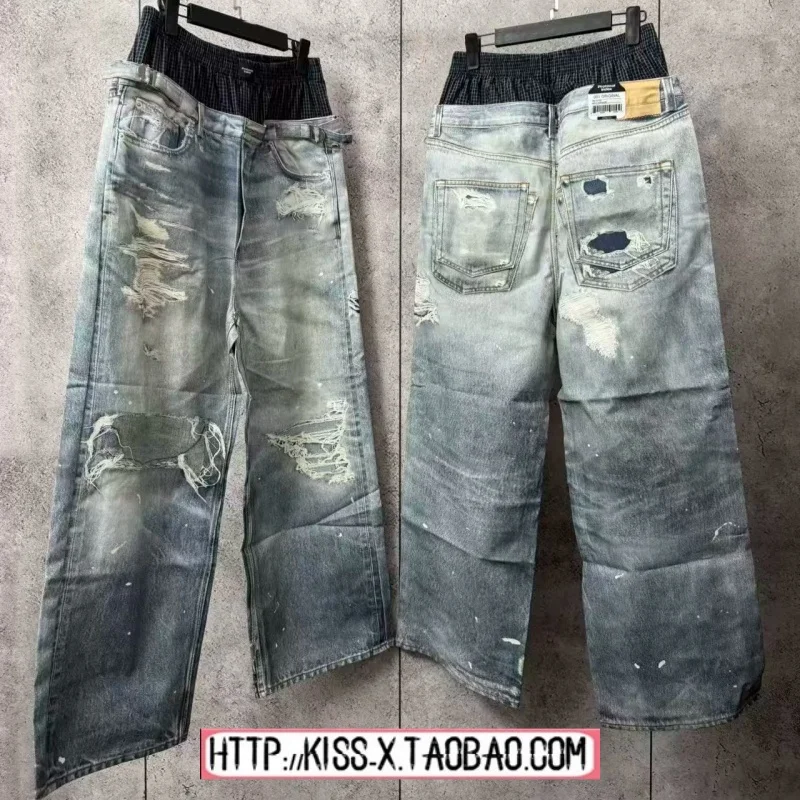 Trendy 2026 Protocol Index Distressed Denim Jeans Digital Print Double Waist Hole Weather-resistant Standard Fit for Couples