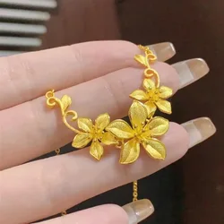14k Pure Gold Color San Sheng Hua Necklace Happiness Flower Pendant Gold Necklace Female Fine Christmas Gift Real Gold Jewelry